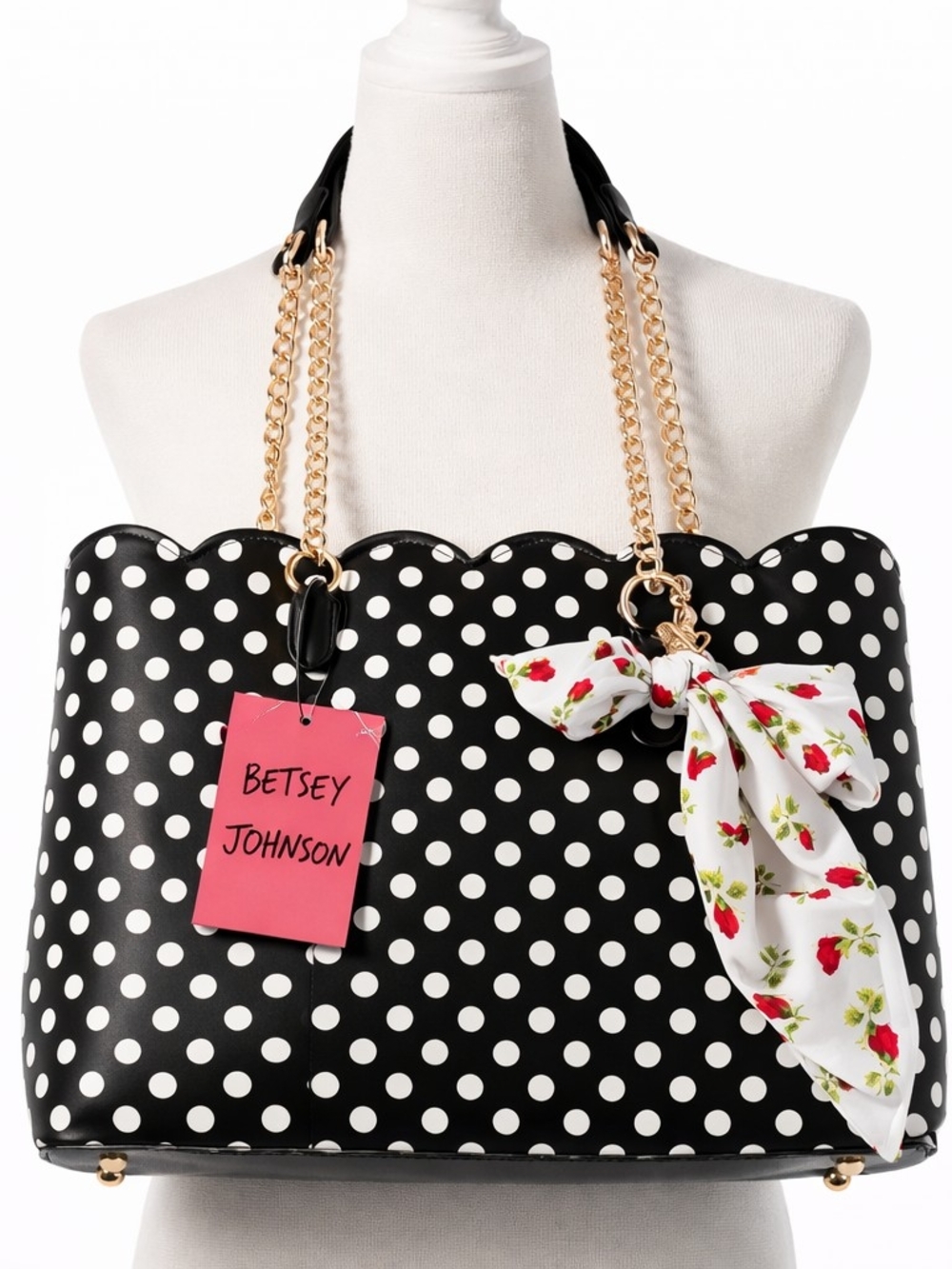 Betsey Johnson Black White Polka Dot Scalloped Tote Bag Floral Scarf
